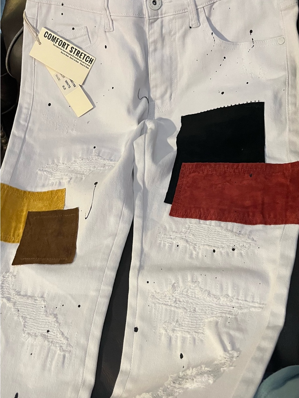 KDNK Men’s Size 32 White Distressed Patchwork Jeans Paint Splatter NWT